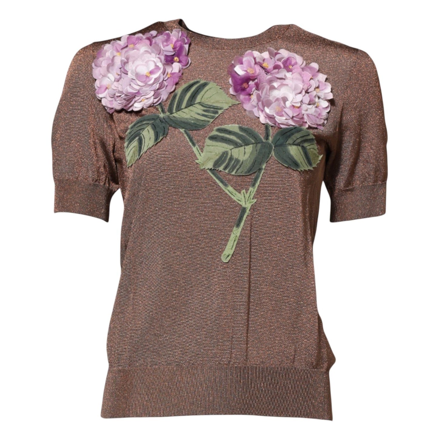Dolce & Gabbana Brown Lily Embellished Round Neck Blouse Top TSH86579-36