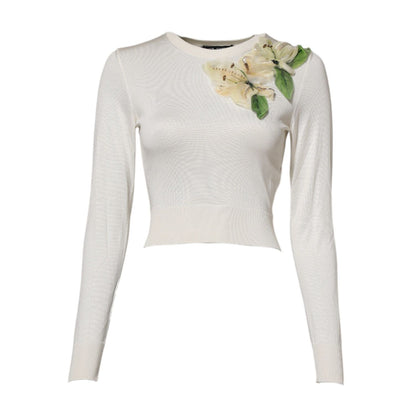 Dolce & Gabbana White Silk Lily Embellished Pullover Sweater