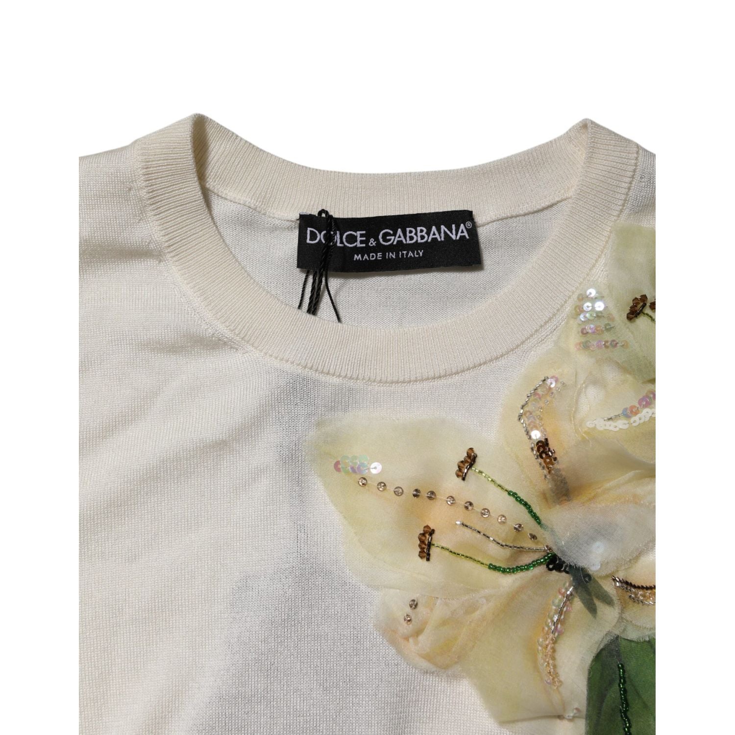Dolce & Gabbana White Silk Lily Embellished Pullover Sweater