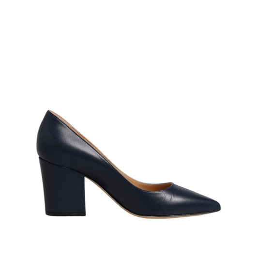 Sergio Rossi Blue Leather Pointed Toe Block Heels Shoes