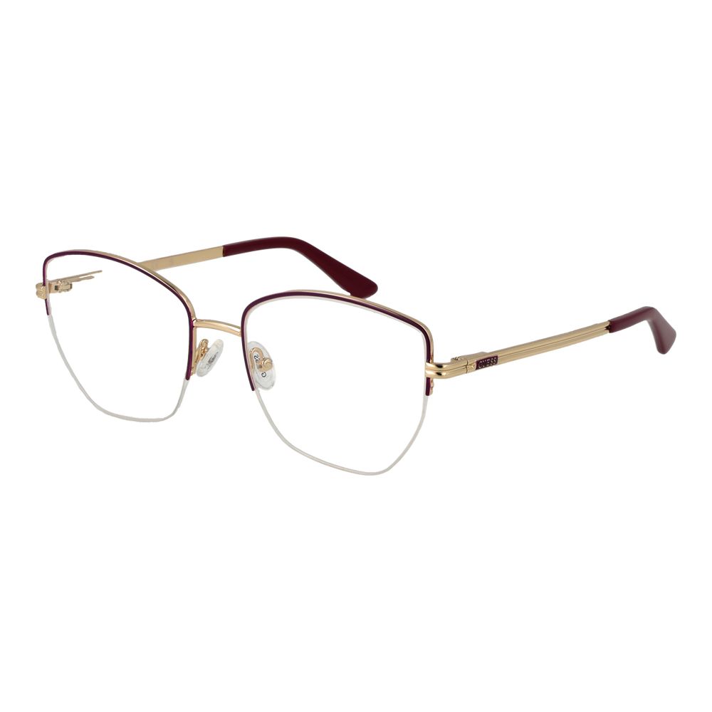 Guess Purple Women Glasses Frame with half-rim, geometric design, metal construction, and spring hinge. Includes branded case.