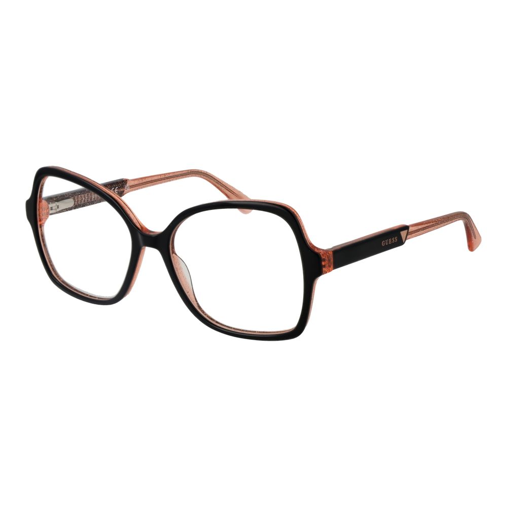 Guess Black Women Glasses Frame, acetate full-rim butterfly style with demo plastic lenses, includes branded case, spring hinge, 140mm width.