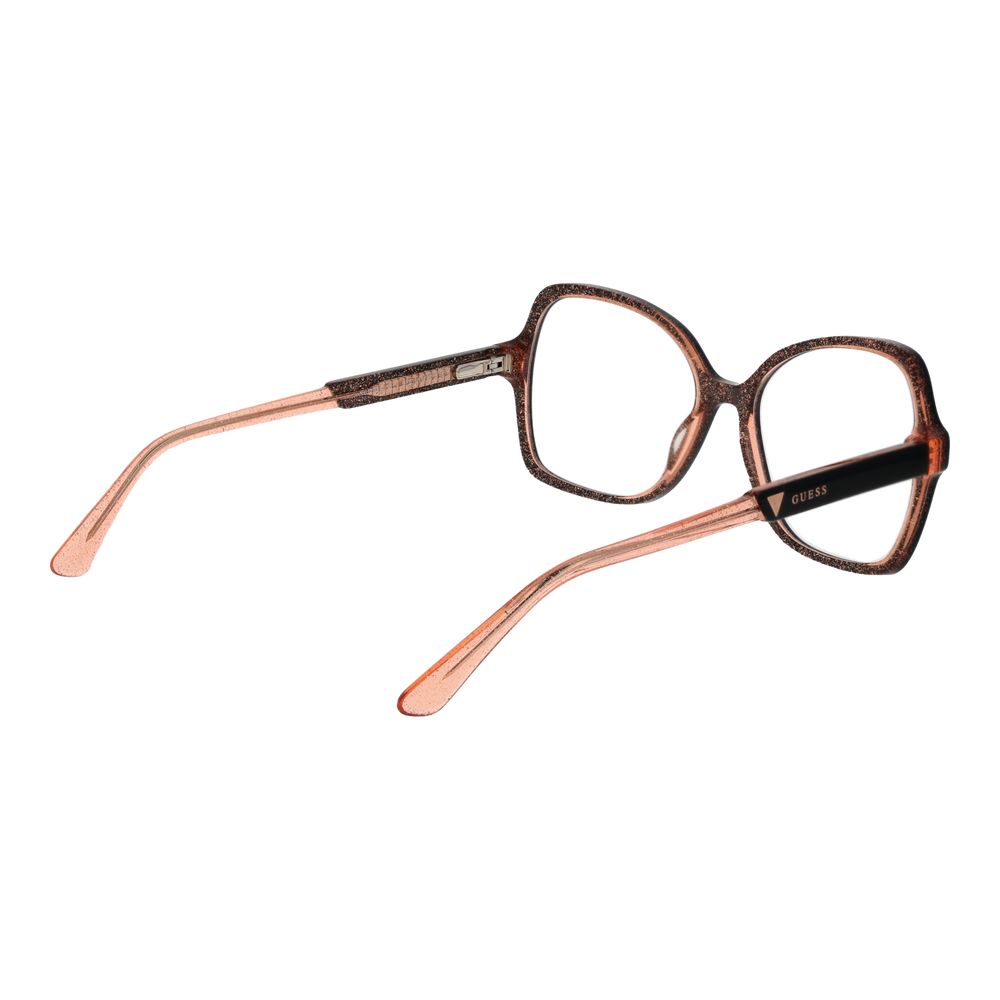 Guess Black Women Glasses Frame with full-rim acetate butterfly style, demo lenses, 55mm width, spring hinge, includes branded case.