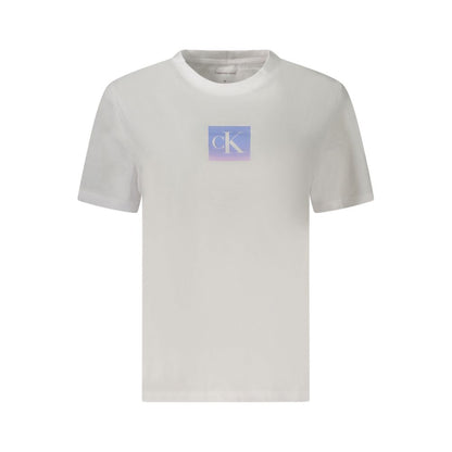 Calvin Klein White Cotton Women T-Shirt with short sleeves and iconic logo print on front, classic crew neck.