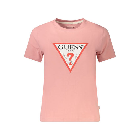 Guess Jeans Pink Cotton Women T-Shirt with logo, short-sleeved crew-neck top.