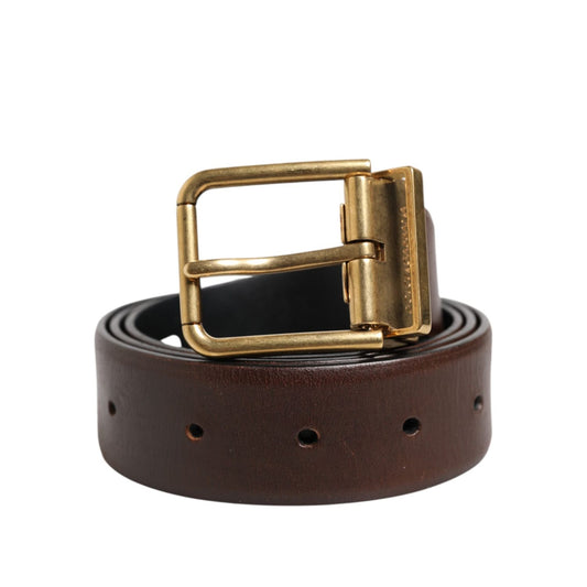 Dolce & Gabbana Brown Classic Gold Metal Logo Buckle Men Belt BEL9303-90
