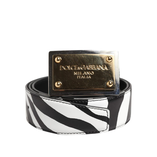 Dolce & Gabbana Black White Zebra Gold Metal Logo Buckle Belt BEL9410-95