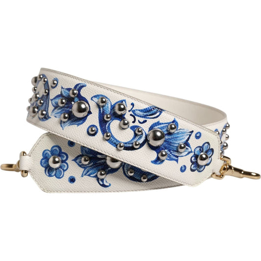 Dolce & Gabbana White Blue Floral Leather Stud Accessory Shoulder Strap WMB537