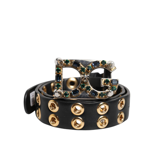 Dolce & Gabbana Black Leather Eyelet Crystal DG Buckle Belt WMB555-70