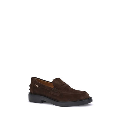 Tod's Brown Rubber Slip-On Loafers with suede finish and embossed rubber sole, showcasing craftsmanship and timeless elegance.