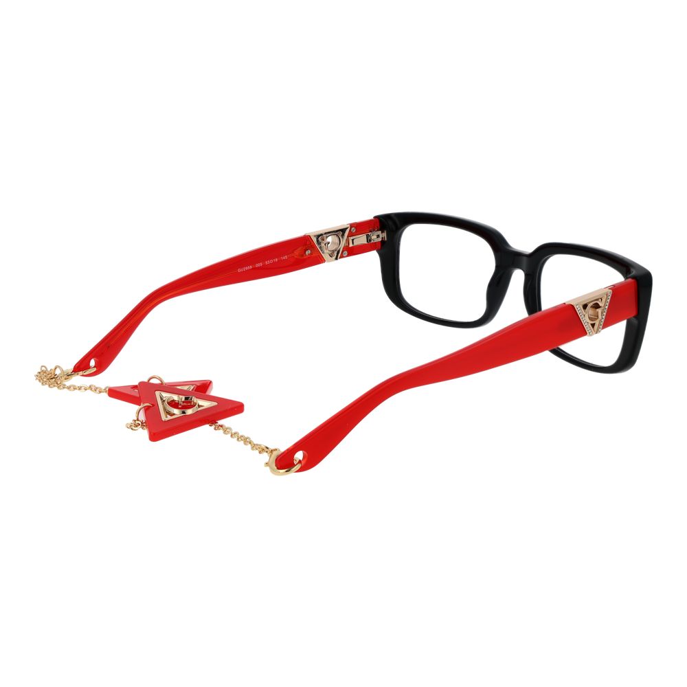 Guess Black Women Glasses Frame, full-rim black acetate with red temples and pendant, 53-19-145, demo lenses, for women, rectangle style.