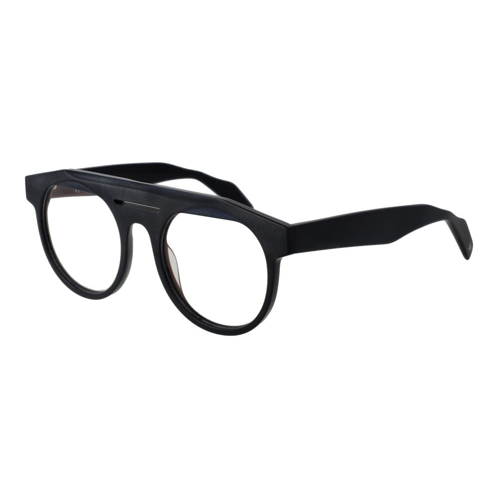 Yohji Yamamoto Black Men Glasses Frame, black plastic full-rim aviator style with demo lenses, size 52-20-145, includes branded soft case.