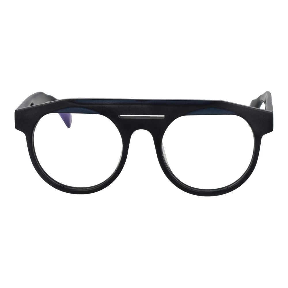 Yohji Yamamoto Black Men Glasses Frame, black full-rim aviator style with plastic demo lenses. Size: 52-20-145, includes branded soft case.