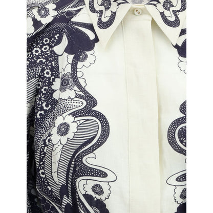 Close-up of Alemais Multicolor Linen Casual Dress with graphic print and button closure detailing.