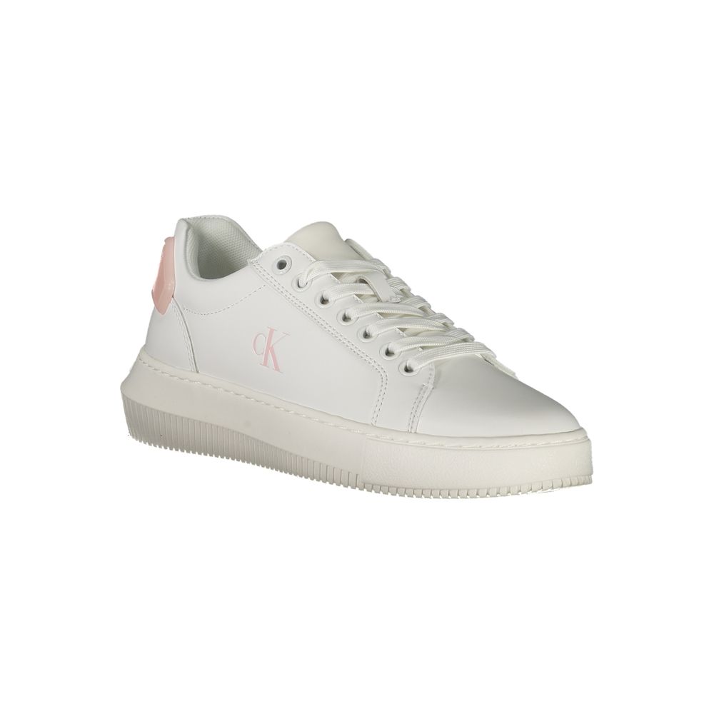 Calvin Klein White Leather Women Sneaker with pink accents and CK logo, showcasing trendy sports style and comfort.