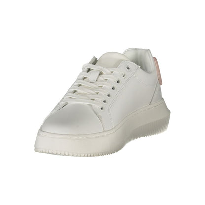 Calvin Klein White Leather Women Sneaker with pink accents and removable footbed for stylish comfort and trendiness.