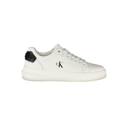 Calvin Klein White Leather Women Sneaker with bold black accents, featuring removable footbed for comfort and sleek urban elegance.