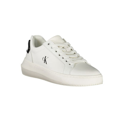 Calvin Klein White Leather Women Sneaker with black accents, featuring a sleek design and removable footbed for comfort and style.