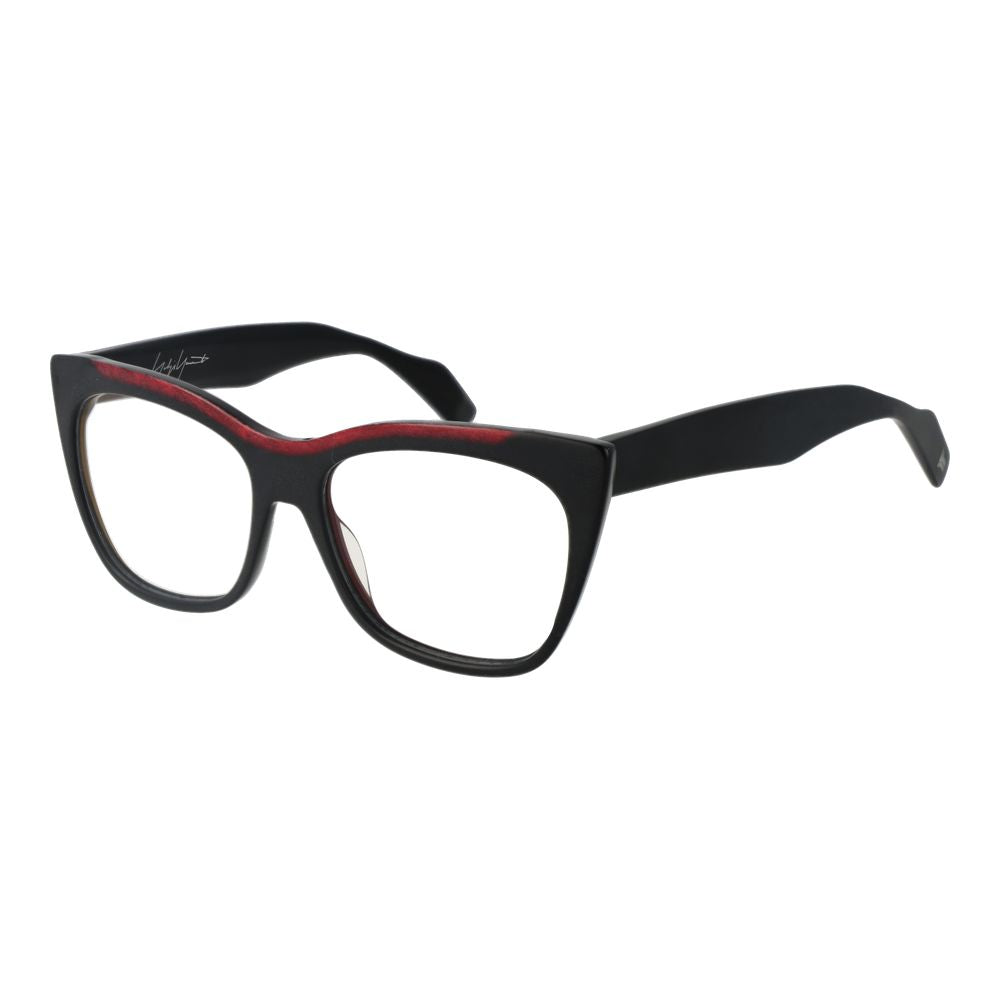Yohji Yamamoto Black Men Glasses Frame, cat eye style, black plastic full-rim with demo lenses, includes branded soft case, size 54-16-145.