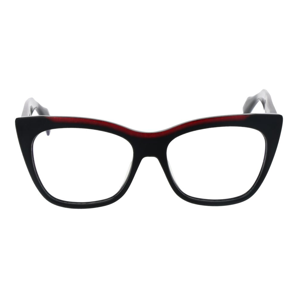 Yohji Yamamoto Black Men Glasses Frame; cat eye style, full-rim plastic frame, black lenses, size 54-16-145, blue-filter feature.