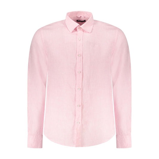 North Sails Pink Linen Shirt with long sleeves and Italian collar, featuring embroidery and logo, made with ocean positive materials.