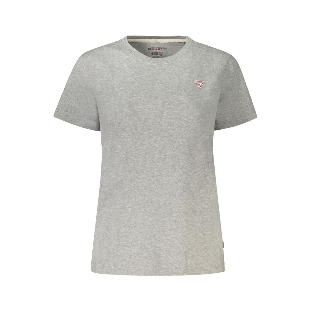 Guess Jeans Gray Cotton Women T-Shirt with short sleeves and crew neck featuring the iconic Guess logo.