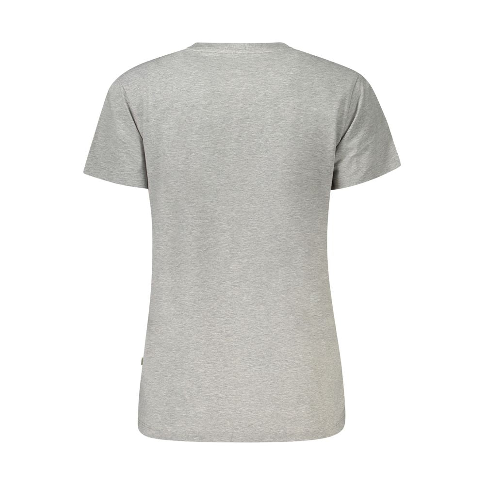 Back view of Guess Jeans Gray Cotton Women T-Shirt, showcasing short sleeves and crew neck design, made from eco-friendly cotton blend for comfort.