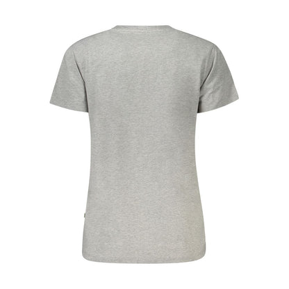 Back view of Guess Jeans Gray Cotton Women T-Shirt, showcasing short sleeves and crew neck design, made from eco-friendly cotton blend for comfort.