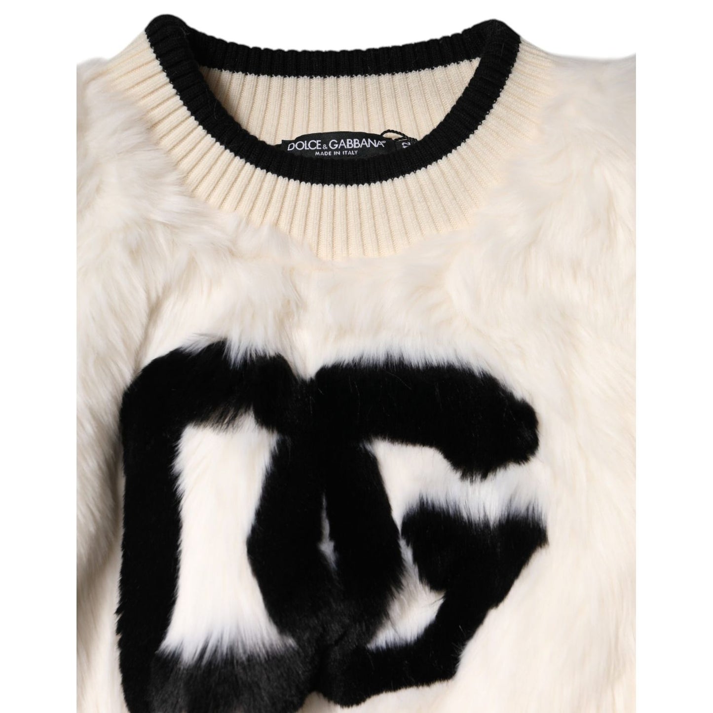 Dolce & Gabbana White Cropped Faux Fur DG Sweatshirt Sweater