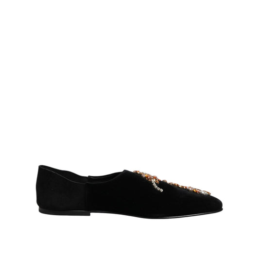 Dolce & Gabbana Black Velvet Embellished Loafer Slip On Shoes MV7562-43