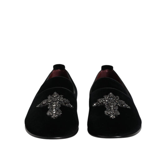 Dolce & Gabbana Black Velvet Embellished Loafer Slip On Shoes MV7566-43