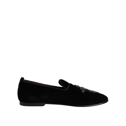 Dolce & Gabbana Black Velvet Embellished Loafer Slip On Shoes MV7566-43