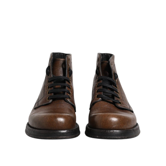 Dolce & Gabbana Brown Leather Lace Up Men Ankle Boots Shoes MV7581-41