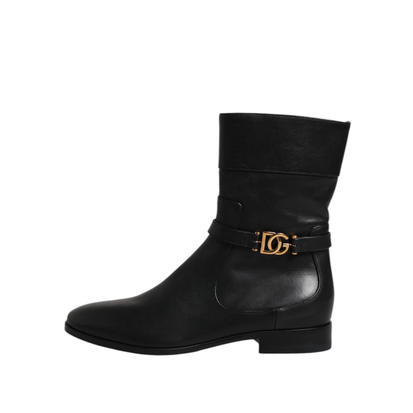 Dolce & Gabbana Black Leather Flats Logo Short Boots Shoes