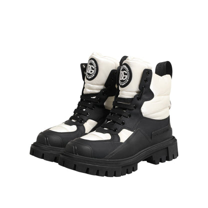 Dolce & Gabbana Black White Padded Lace Up Short Boots Shoes