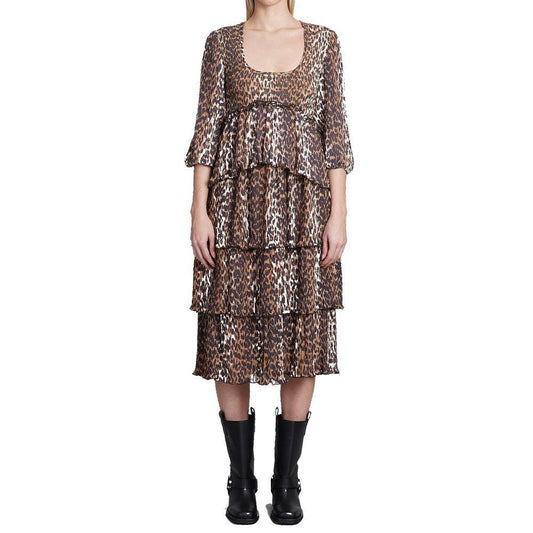 Ganni Pleated Georgette Leopard Midi Dress