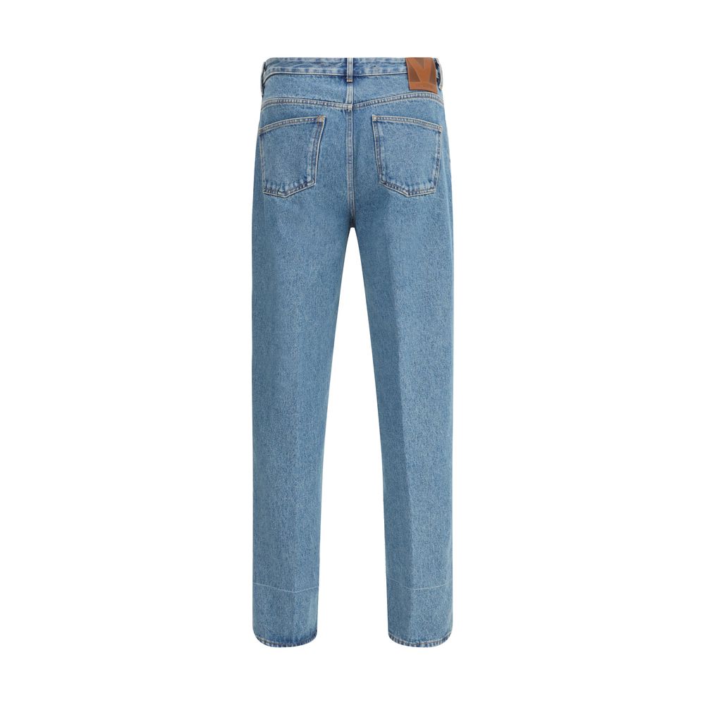 Back view of Valentino Blue Cotton Straight-Leg Jeans with logo leather patch, belt loops, and classic five-pocket design.