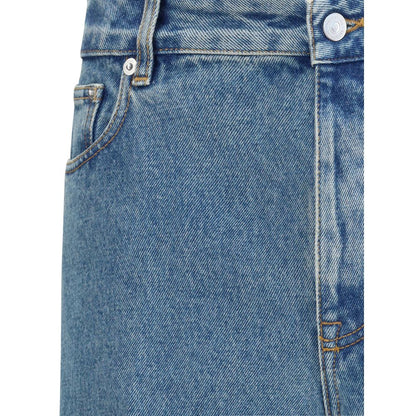 Close-up of Valentino Blue Cotton Straight-Leg Jeans with front button closure and five-pocket design, featuring logoed leather patch detail.