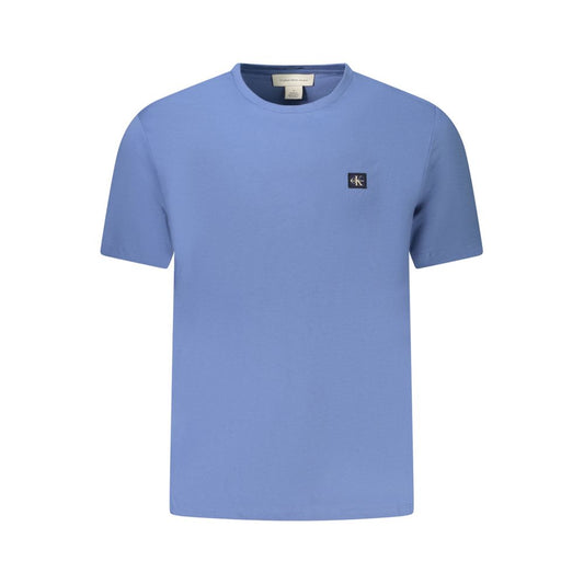 Calvin Klein Blue Cotton Men T-Shirt with short sleeves and crew neck, featuring the iconic Calvin Klein logo on a blue cotton fabric.