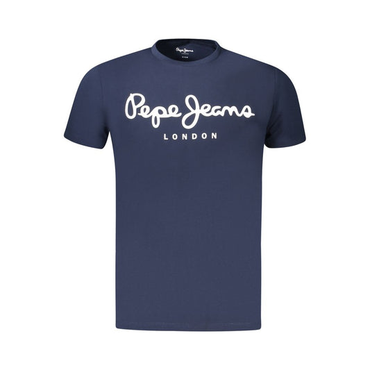 Pepe Jeans Blue Cotton Men T-Shirt with logo and print, crew neck, slim-fit made of 70% sustainable cotton, stylish casual wear.