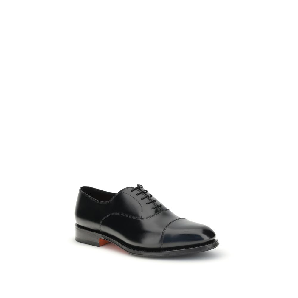 Santoni Black Calf Leather Bos Taurus Oxfords And Derbies with a classic silhouette and round toe, featuring durable Goodyear construction.
