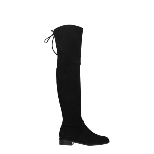 Stuart Weitzman Black Leather Over The Knee boot with a self-tie closure, round toe, and low flat heel, made from black suede material.
