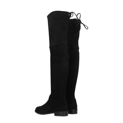 Stuart Weitzman Black Leather Over The Knee boots with self-tie closures and low flat heel, round toe design, rubber sole.