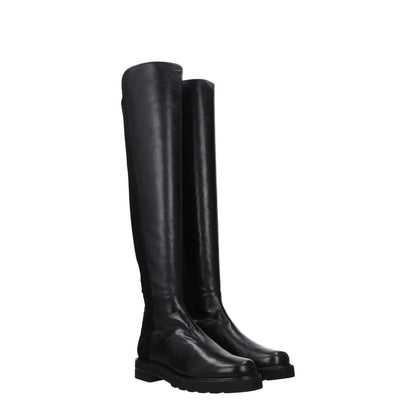 Stuart Weitzman Black Leather Over The Knee boots with round toe and mid heels, casual style, rubber sole, 3.5 cm heel height.