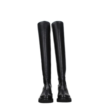 Stuart Weitzman Black Leather Over The Knee boots with aged effect and mid heels, featuring a round toe and rubber sole, style casual.