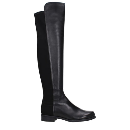 Stuart Weitzman Black Leather Over The Knee boot with vintage effect, round toe, and low flat heel, MPN 5050NSGS3999BLK.