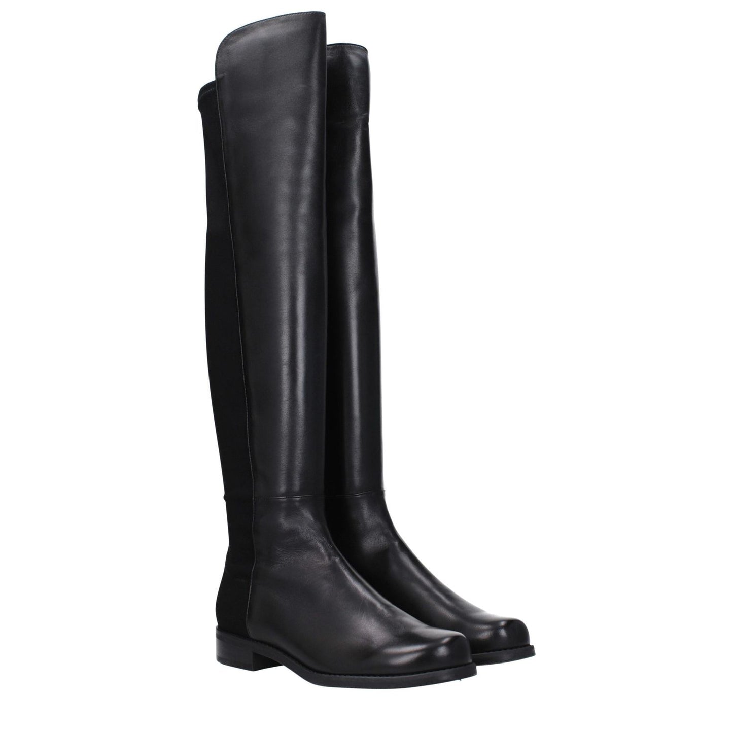 Stuart Weitzman Black Leather Over The Knee boots with round toe, low flat heel, vintage effect, and rubber sole. MPN: 5050NSGS3999BLK