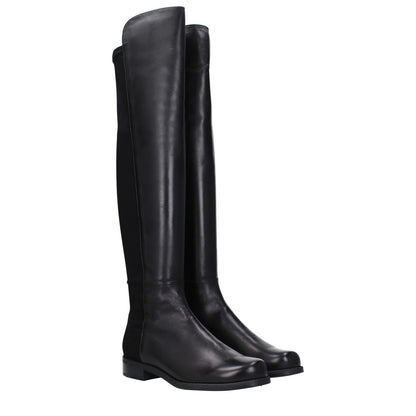 Stuart Weitzman Black Leather Over The Knee boots with round toe, low flat heel, vintage effect, and rubber sole. MPN: 5050NSGS3999BLK