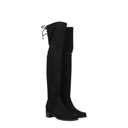 Stuart Weitzman Black Leather Over The Knee boots with aged vintage effect, suede material, mid heels, and rubber sole.