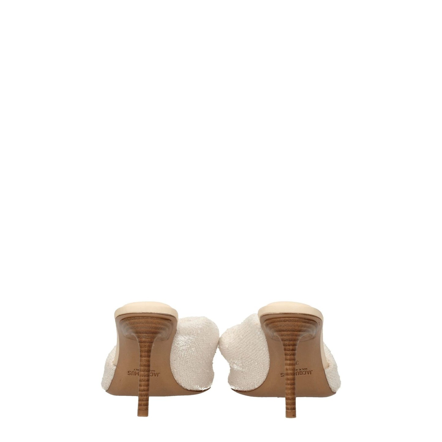Jacquemus Beige Fabric Stiletto Heel Sandals with open toe and leather sole, vintage style, mid heels, view from the back.